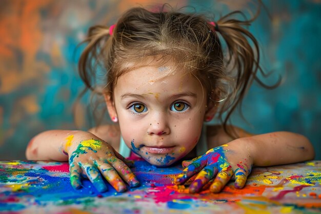 Zdjęcie dziewczyna z rękami pomalowanymi farbą na twarzy