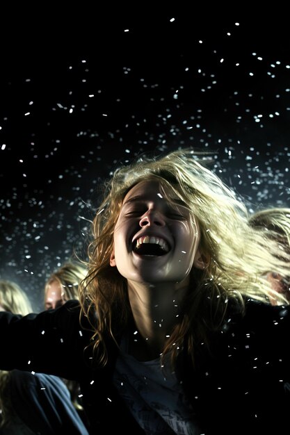 dziewczyna z rękami w górze i śniegiem padającym na jej twarz.
