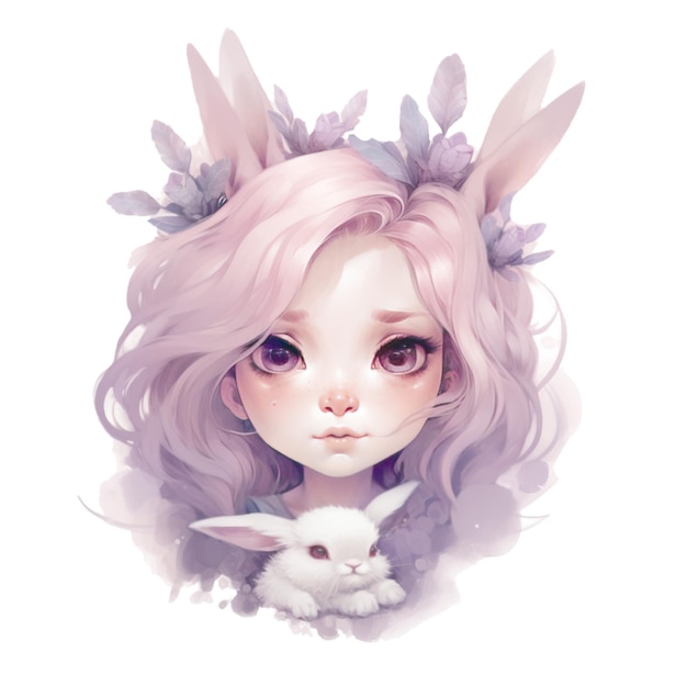 Dziewczyna z różowymi włosami i królikiem na głowie