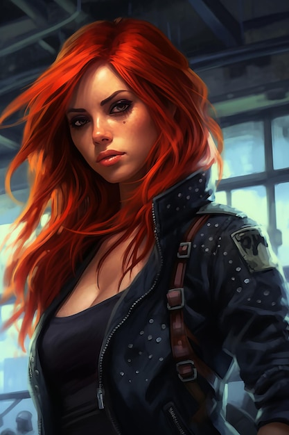 Dziewczyna z rudymi włosami i czarną kurtką