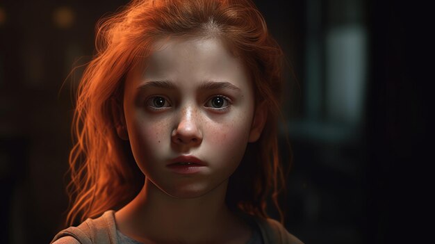 Dziewczyna z rudymi włosami stoi w ciemnym pokoju z czerwonym światłem za nią.