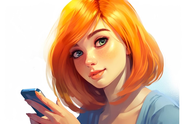 Dziewczyna z rudymi włosami trzyma telefon
