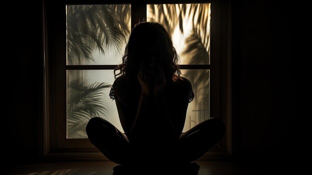 Dziewczyna z ukrytą twarzą siedząca przy oknie rzucająca cień