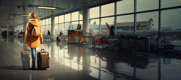 Dziewczyna z walizką czekająca na lotnisku