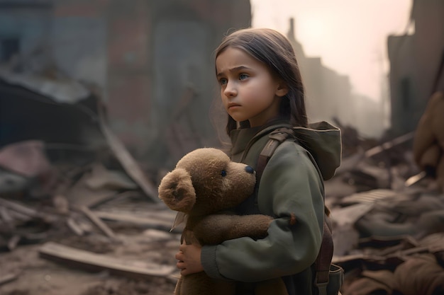 Dziewczyna z zabawkowym misiem dla dzieci stoi pośrodku zniszczonego przez wojnę domu Generative AI