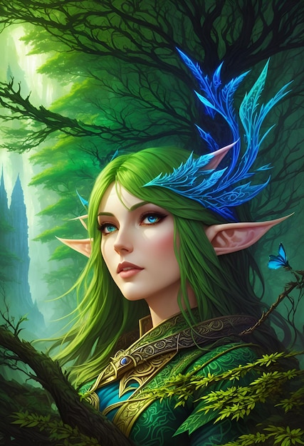Dziewczyna z zielonymi włosami i niebieskimi motylami na głowie