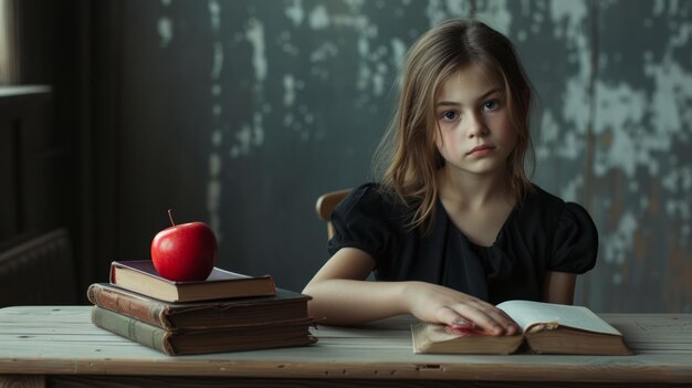 Dziewczyna zajęta czytaniem z czerwonym jabłkiem Mężczyzna siedzący przy drewnianym stole otoczony stosami książek Atmosfera pokoju i spokoju przytulna biblioteka