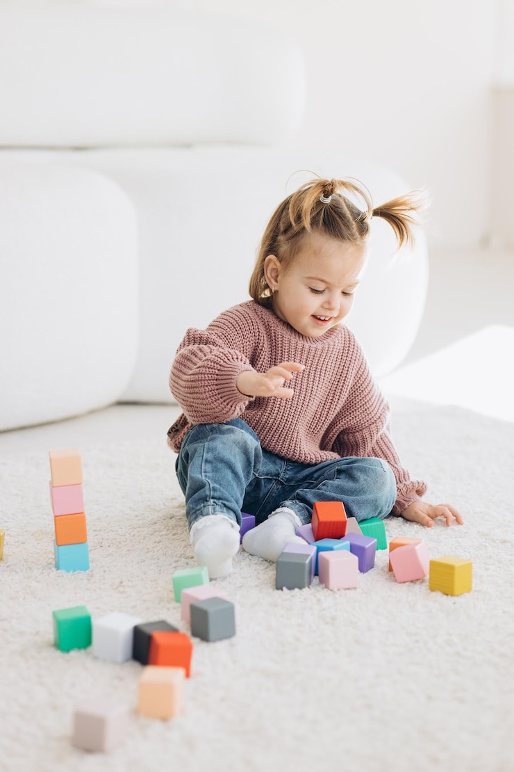Zdjęcie dziewczynka bawi się zabawkami w salonie montessori drewniana zabawka złożona piramida koło trójkąt prostokąt drewniane elementy zabawek dla dzieci kolorowa zabawka niebieski żółty czerwony zielony