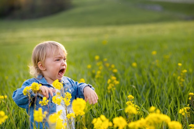 Zdjęcie dziewczynka boi się wysokiej trawy i głośno płacze