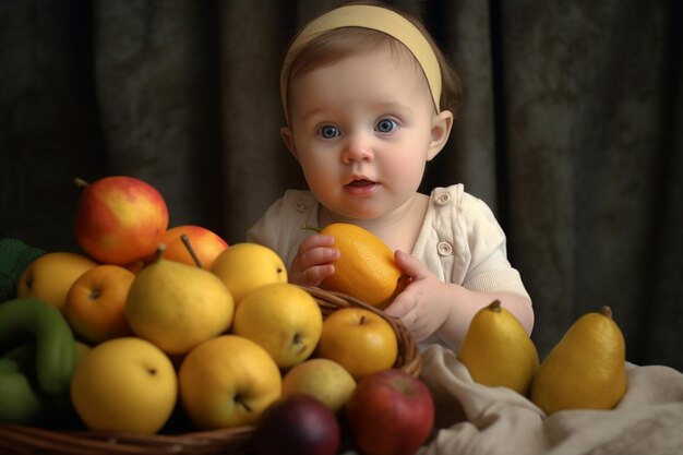 Dziewczynka małe dziecko siedzi w pobliżu dużej różnorodności owoców owoce są najlepszym źródłem witamin
