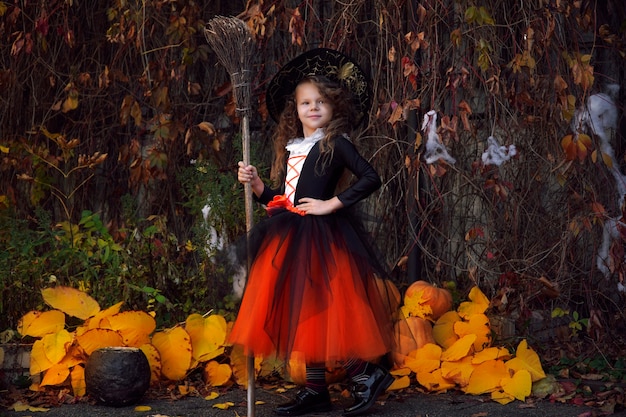 dziewczynka przebrana za małą czarownicę w pomarańczowej bufiastej spódniczce i spiczastym czarnym kapeluszu z miotłą przy dyniach halloweenowych w jesiennym parku po południu