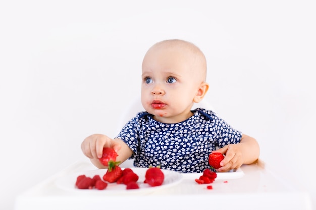 Dziewczynka siedzi w wysokim krzesełku dziecka, jedzenie owoców na białym tle. Koncepcja żywności dla niemowląt, miejsce na tekst.
