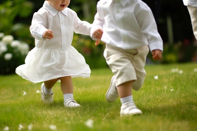 Dziewczynka w białej sukni i białych spodniach trzymając się za ręce na zielonym trawniku