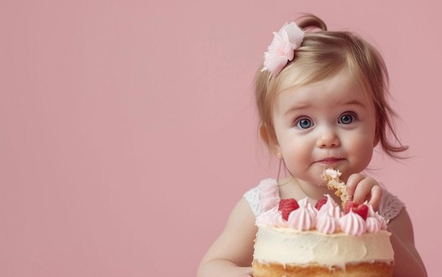 Dziewczynka z tortem urodzinowym przedstawiającym deser na tle o stałym kolorze z przestrzenią do kopiowania tekstu