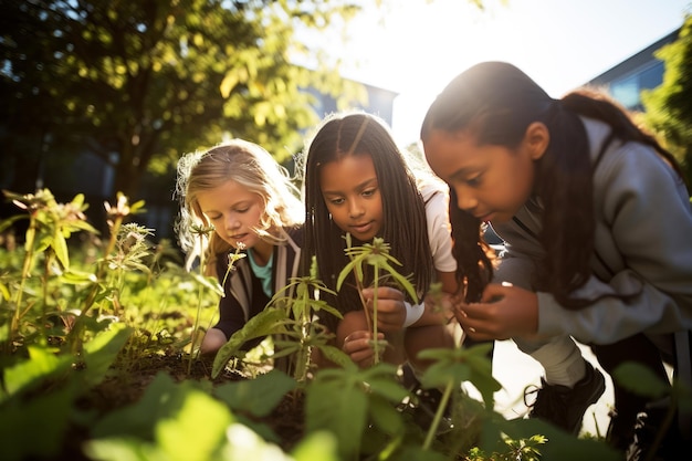 Dziewczyny badające rośliny i owady na świeżym powietrzu Edukacja dla dziewcząt