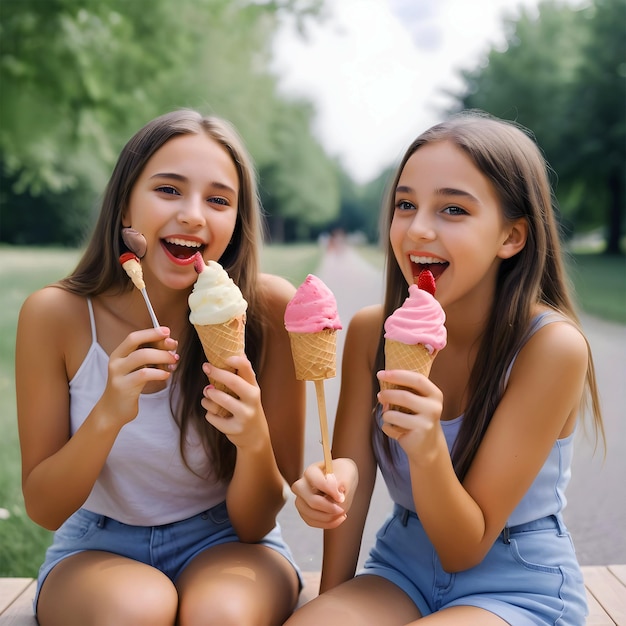 Dziewczyny cieszące się słodkim letnim świętem na świeżym powietrzu z lodem Premium Images