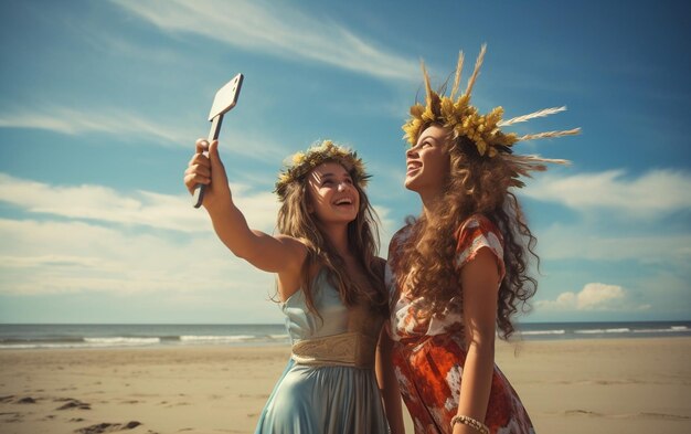 Dziewczyny robiące sobie selfie na plaży Generatywna sztuczna inteligencja