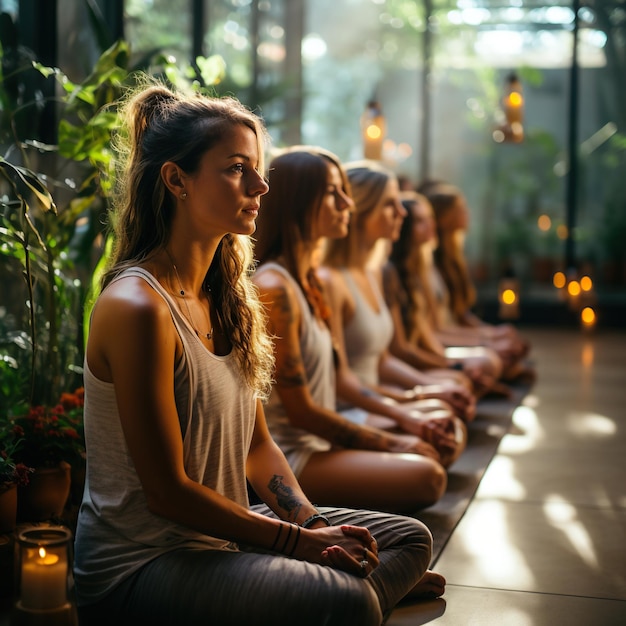 Dziewczyny siedzą w holu na praktykach duchowych Grupowa joga Kobiety wycofują się w pięknym zielonym pokoju pokolenie AI