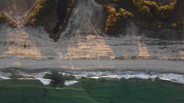 Dzika plaża z piaskiem i lasem w Bułgarii z lotu ptaka