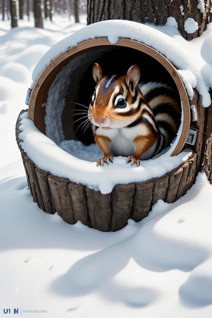 Dzika wiewiórka szuka pożywienia w dziurze w drzewie w zaśnieżonym lesie w zimowej fotografii HD