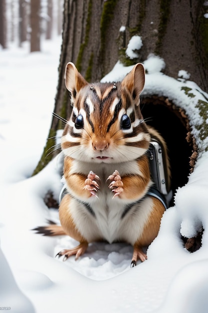 Zdjęcie dzika wiewiórka szuka pożywienia w dziurze w drzewie w zaśnieżonym lesie w zimowej fotografii hd