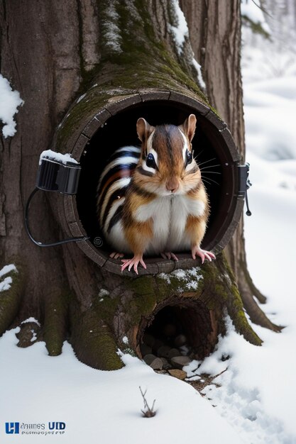 Zdjęcie dzika wiewiórka szuka pożywienia w dziurze w drzewie w zaśnieżonym lesie w zimowej fotografii hd