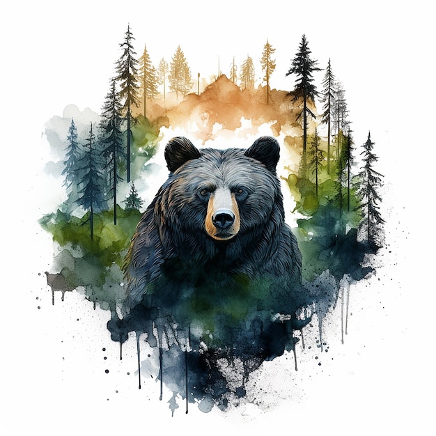 Dziki Cudowy Tatuż Akwarelowy Niedźwiedź i Las na Płaskiej Powierzchni