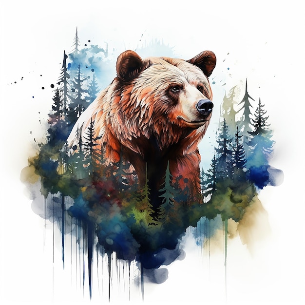 Dziki Cudowy Tatuż Akwarelowy Niedźwiedź i Las na Płaskiej Powierzchni