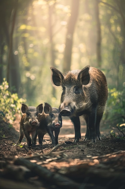 Zdjęcie dziki dzik z dziećmi w lesie