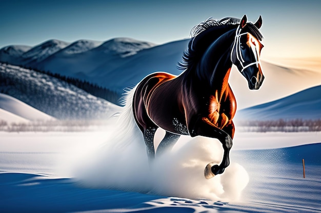 Dziki koń biegnący przez śnieżny krajobraz Cyfrowa grafika
