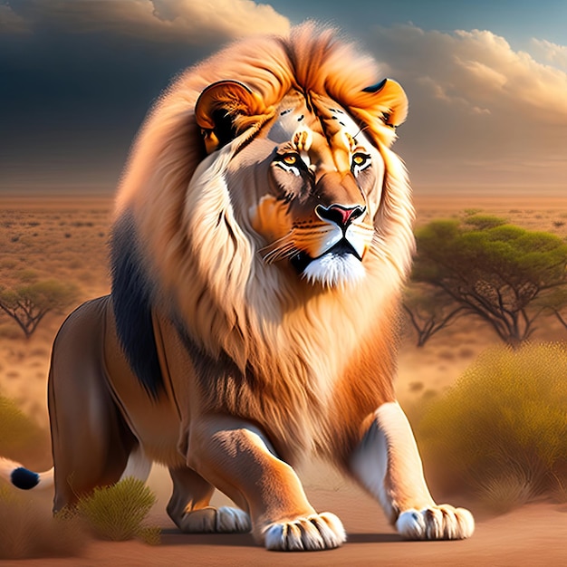 Dziki lew afrykański na sawannie Sztuka cyfrowa