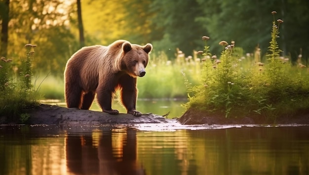 Dziki niedźwiedź brunatny Ursus Arctos na stawie w letnim lesie Wariacja Wildlife 1