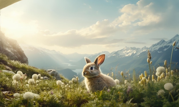 Dziki pomarańczowy królik królik z dużymi uszami w świeżej zielonej trawie leśnej Generatywna ai