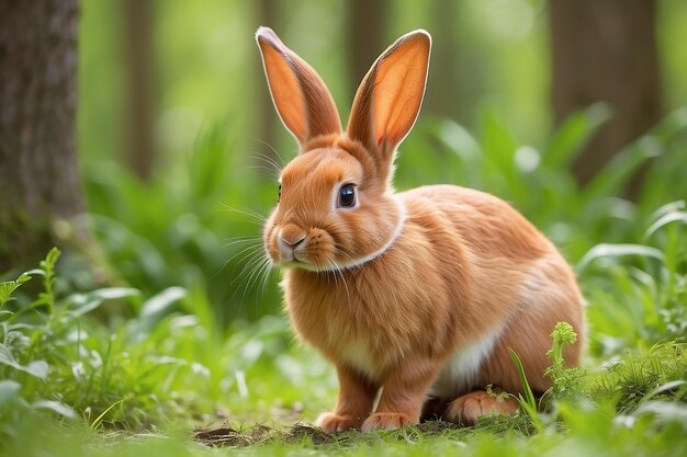 Dziki pomarańczowy królik z dużymi uszami w świeżo zielonym lesie Wiosenny królik dziecięcy lub królik wielkanocny