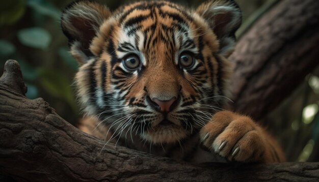 Zdjęcie dziki tygrys wpatruje się w dzikie piękno w przyrodzie paskowe futro z bliska generowane przez sztuczną inteligencję