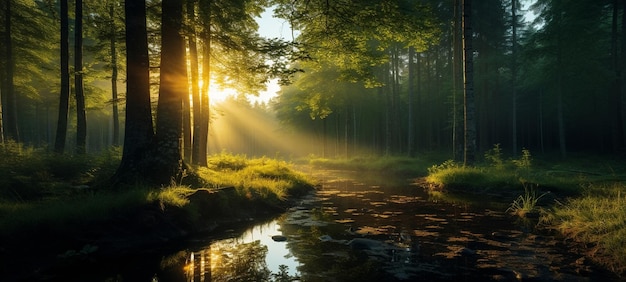 Zdjęcie dzikie drzewa leśne z promieniami słońca na polu i rzece jeziorowej