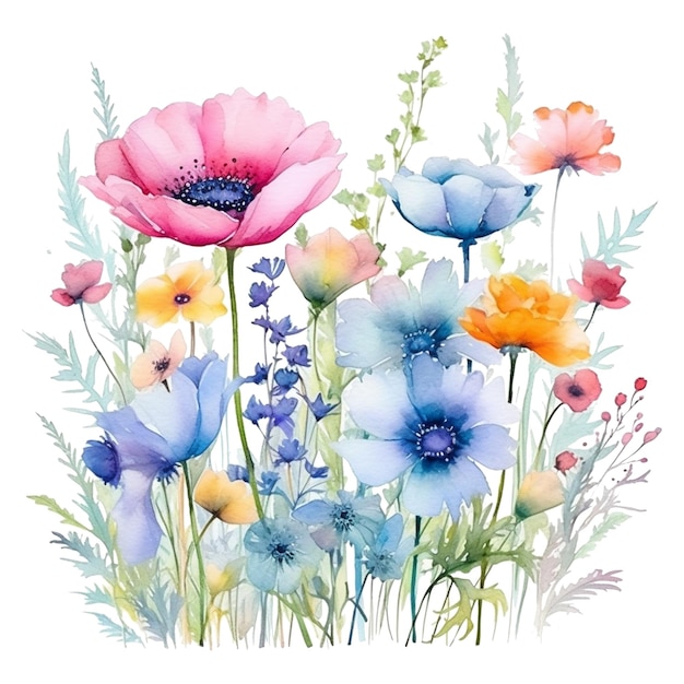 Zdjęcie dzikie kwiaty akwarele bukiet botaniczny ręcznie narysowana ilustracja
