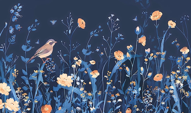 Zdjęcie dzikie kwiaty dekoracyjne trawy i urocze ptaki delikatne niebieskie tło