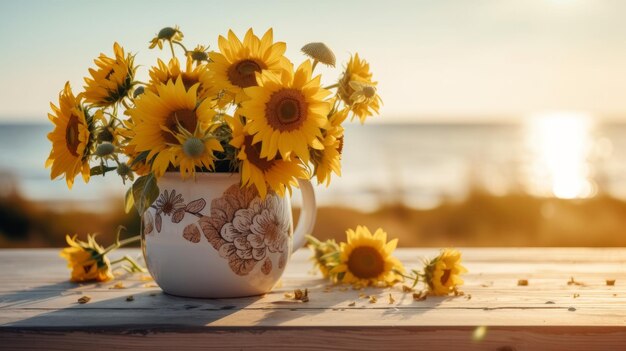 Dzikie kwiaty Słoneczniki w ceramicznym kubku na drewnianym stole na plaży AI generatywne