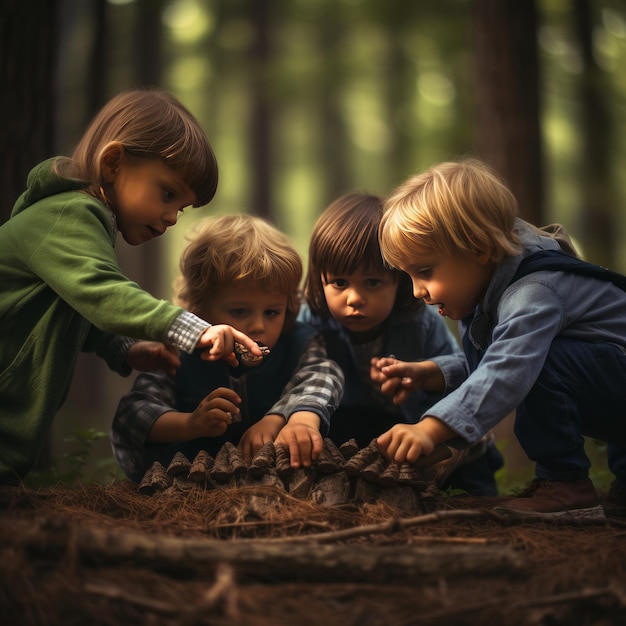 Dzikie przygody Hiperaktywne czteroletnie dzieci uwalniają wyobraźnię w lesie