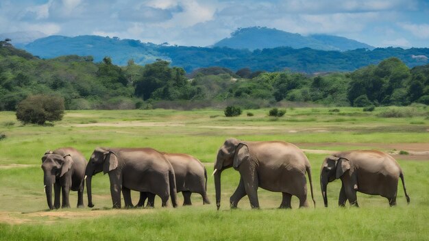 Dzikie słonie w pięknym krajobrazie na Sri Lance