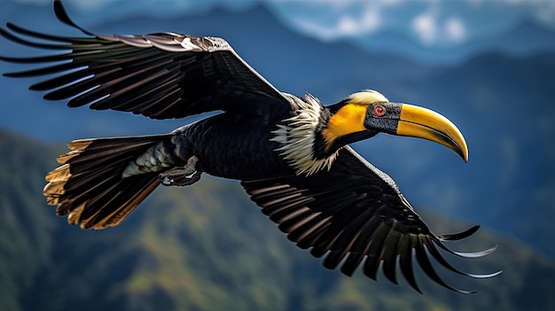 Dzioborożec ciemny i żółty dziób latający nad portretem zwierząt górskich w Himalajach