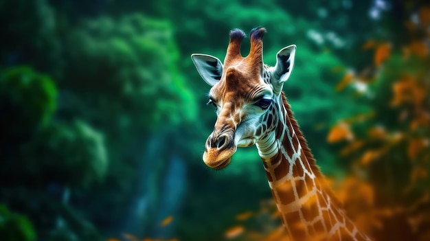 Dżirafa na zielonym liście Piękna dżirafa z wysokim kontrastem
