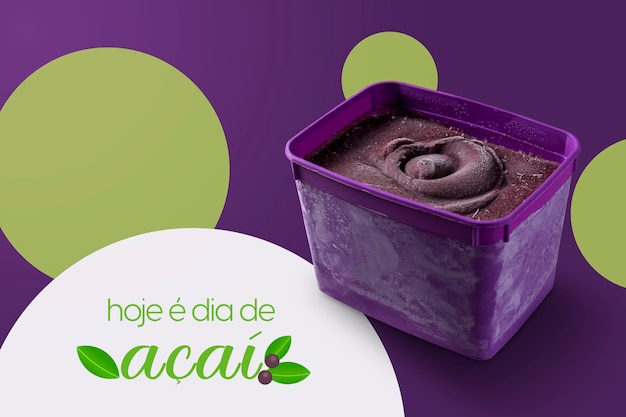 "Dzisiaj jest dzień aĂ§ai" Brazylijskie mrożone lody jagodowe aĂ§ai fioletowe pudełko. na białym tle na fioletowym tle. Letni post transparent.