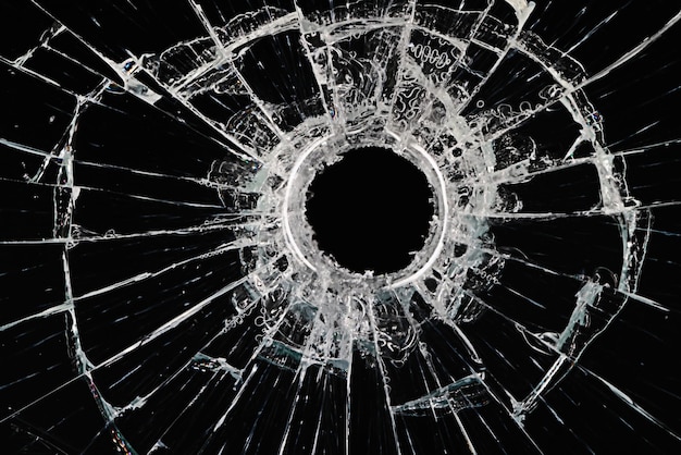 dziura po kuli na szklanym czarnym tle dla nakładki, przezroczyste okno
