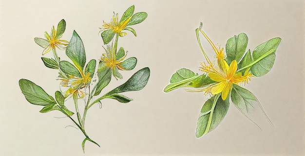 Dziurawiec zwyczajny (Hypericum perforatum). Ilustracja botaniczna na białym papierze. Rośliny lecznicze.