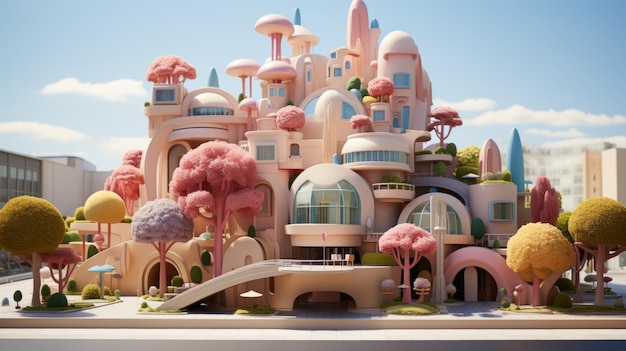 Dziwaczne 3D przedstawienie kolorowego i futurystycznego miasta