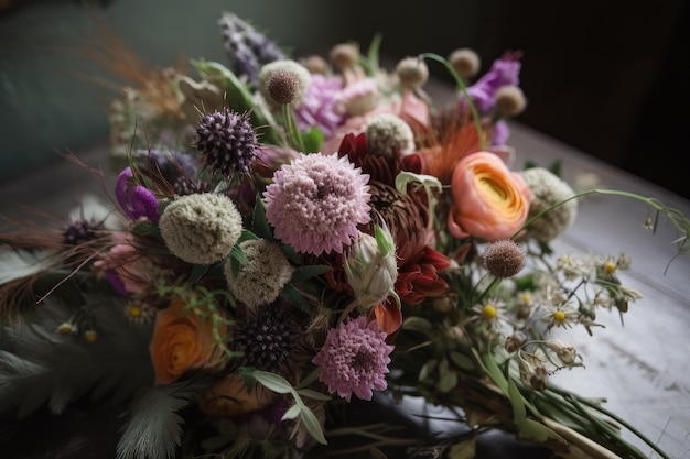 Dziwaczny bukiet kwiatów w stylu vintage z nieoczekiwaną mieszanką kwiatów i faktur