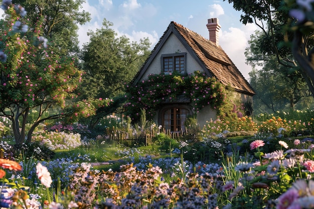 Dziwaczny domek otoczony kwitnącymi ogrodami