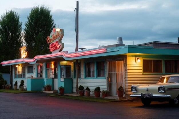 Zdjęcie dziwaczny motel przy drodze z retro dekoracją dziwaczne pokoje i neonowy znak stworzony za pomocą generatywnej ai